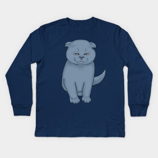 Angry cat with yellow eyes. Scottish fold kitten Kids Long Sleeve T-Shirt